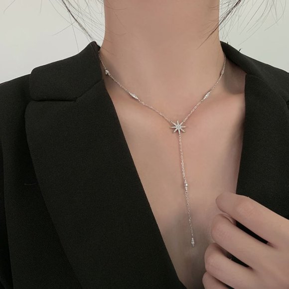 925 Sterling Silver Diamond Star Dangle Drop Lariat Dainty Minimalist Necklace - Picture 2 of 8